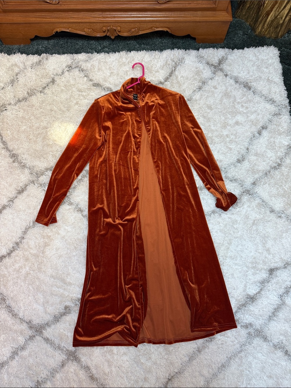 Long Velvet Open-Front Duster Jacket - Burnt Orange